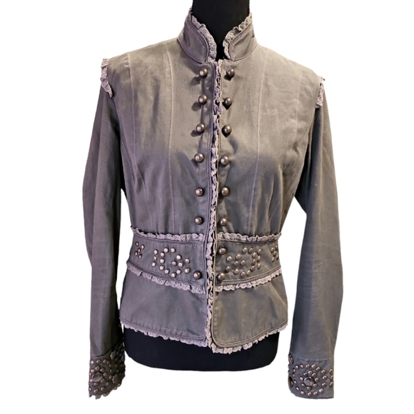 Lani Army Green 100% Cotton Lace Trim Cropped Pirate Jacket, Brass Studs Size M